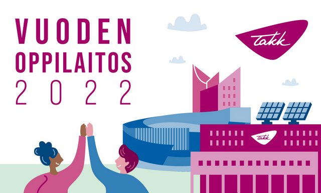 Piirretyt hahmot lyövät ylävitoset TAKKin kampuksen edustalla.