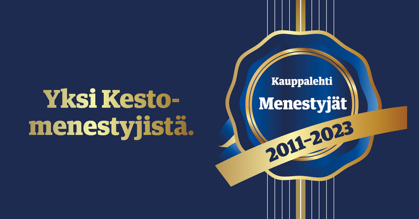 Yksi kestomenetyjistä ja Kauppalehti Menestyjät -sinetti sinisellä pohjalla.