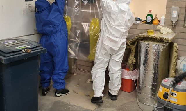 Asbestipurkuharjoitus kaksi opiskelijaa selin kokohaalarit päällä.