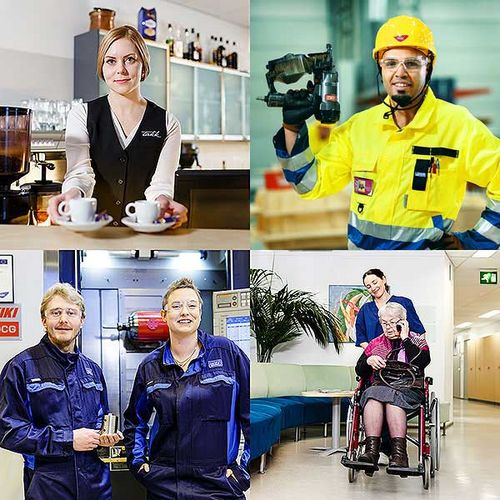 Oppisopimuksella voit opiskella minkä tahansa ammatillisen perustutkinnon, ammattitutkinnon, erikoisammattitutkinnon tai niiden osatutkintoja. Ammattialakollaasi, jossa tarjoilija kahvikuppien kanssa, talonrakentaja naulain kädessä, koneistajaopiskelijat haalareissa ja lähihoitajaopiskelija työntämässä vanhusta pyörätuolissa.