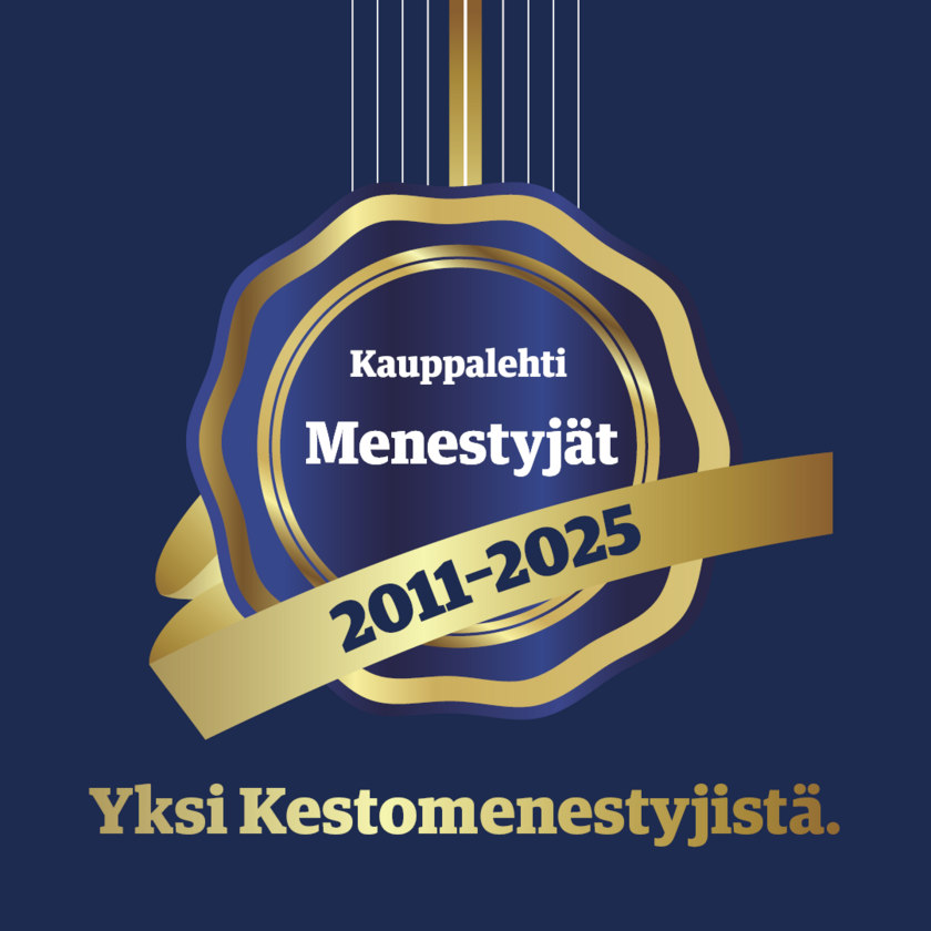 Kauppalehden kestomenestyjä 2011-2025 teksti ja sininen sinetti.