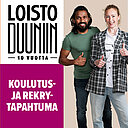 Loistoduuni koulutus- ja rekrytapahtuma teksti ja kuvassa kaksi ihmistä.