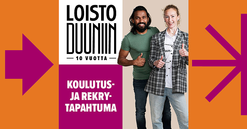 Loistoduuni koulutus- ja rekrytapahtuma teksti ja kuvassa kaksi ihmistä.