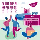 Vuoden oppilaitos 2022. Kuvassa kaksi piirroshahmoa lyö ylävitoset, taustalla Tampereen siluetti ja TAKKin rakennus.