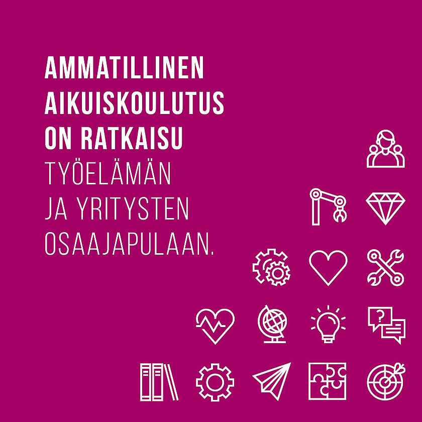 Aikuiskoulutus on ratkaisu työelämän ja yritysten osaamispulaan -teksti punaisella taustalla.