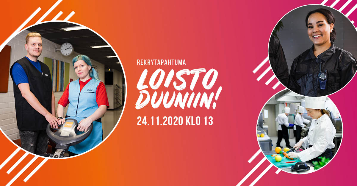 Palvelualojen rekrytapahtuma Listoduuniin! Loistoduuniin rekrytapahtuma 24.11.2020. Puhdistuspalvelutyöntekijät, vartija ja kokki.