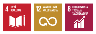 YK:n Agenda 2030 kuvat teksteillä ihmisarvoista työtä, hyvä koulutus, vastuullista kuluttamista. 