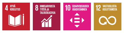 Agenda2030 painopisteet hyvä koulutus, ihmisarvoista työtä ja talouskasvua, eriarvoisuuden vähentäminen, vastuullista kuluttamista.